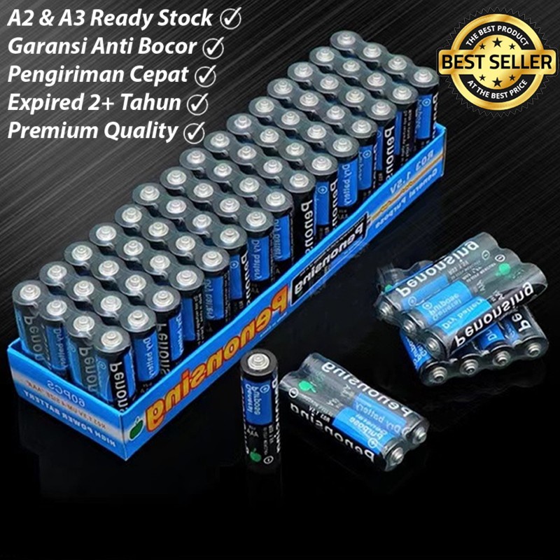 Baterai AA / AAA Batre A2 / A3 ( 60 pcs ) TEKNOX PREMIUM QUALITY | 100 mAh 1.5V - Anti Bocor - Tahan Lama -  Baterai kecil besar sedang GROSIR - Baterai Jam Dinding, Mainan, Elektronik, Remot TV, Baterai Remot TV BUKAN ABC BUKAN ALKALINE