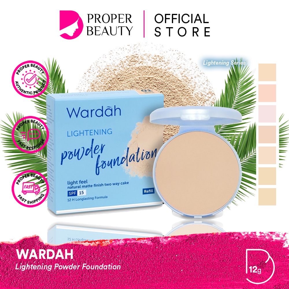 WARDAH Lightening Powder Foundation Indonesia / Bedak Padat 12g / Light Feel Natural Matte Finish Two Way Cake SPF 15 / 12 H Longlasting Formula Mencerahkan Coverage Beige Ivory / Cosmetic Makeup Face Make Up / Compact BB Loose Cream Concealer / Series