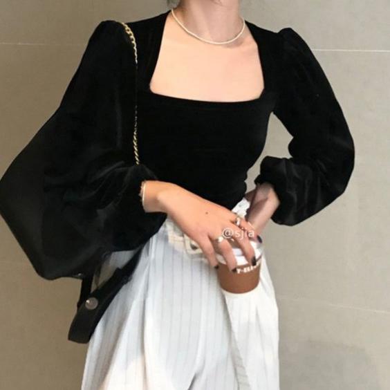 CHEKOUT Blus beludru beludru hitam leher persegi leher persegi wanita korean style Loose atasan wani