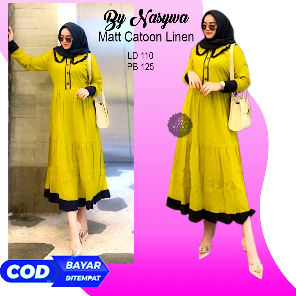 Midi Dress Polos By Nasywa Matt Katun Linen Busui Kancing Ld 110 cm