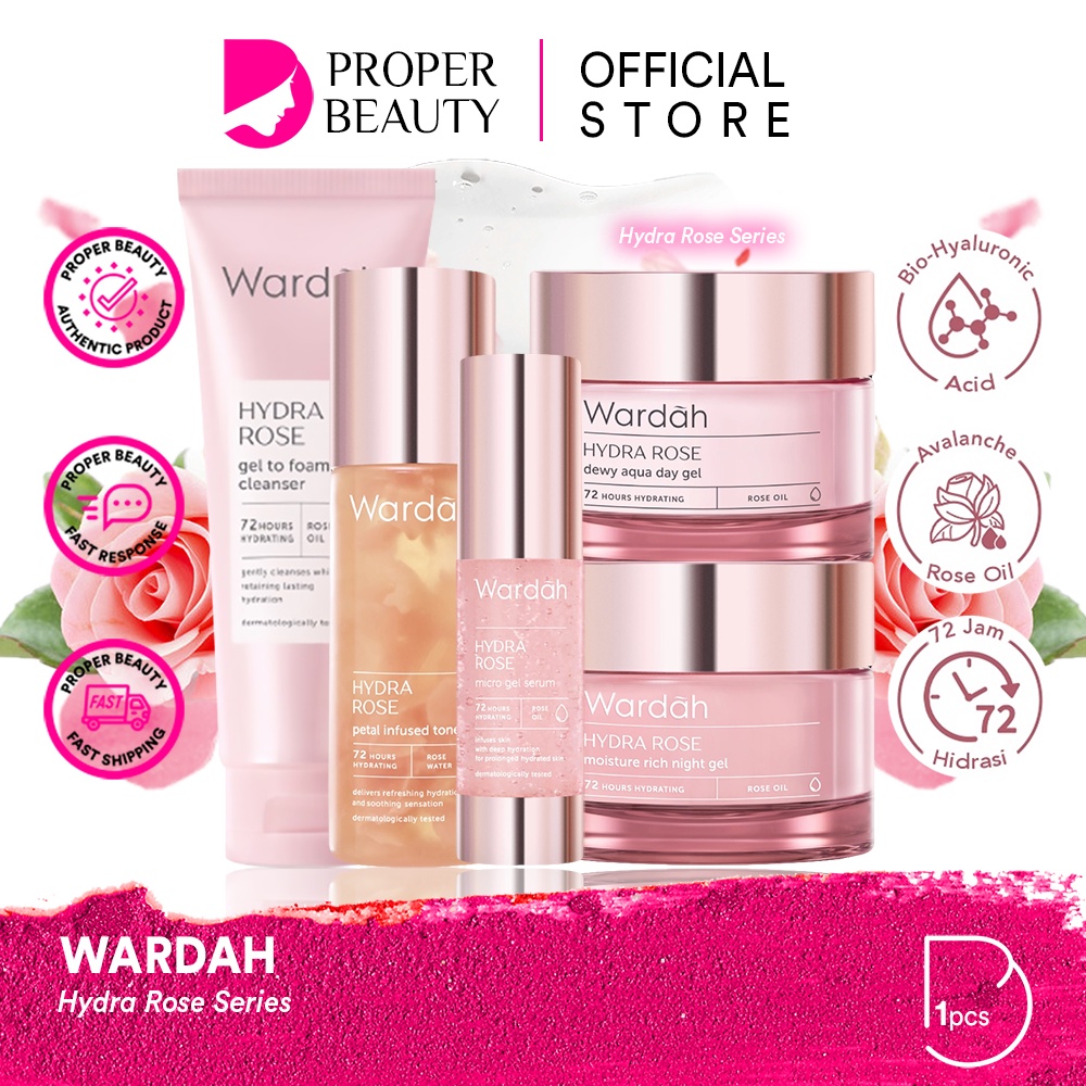 WARDAH Hydra Rose Series Indonesia / Gel To Foam Cleanser Petal Infused Toner Micro Gel Serum / Moisture Rich Day Night Gel / Skincare Face Facial Care Series / Treatment Perawatan Wajah / Pembersih Muka Hydrating Moisturizer Pelembab Melembabkan / Paket