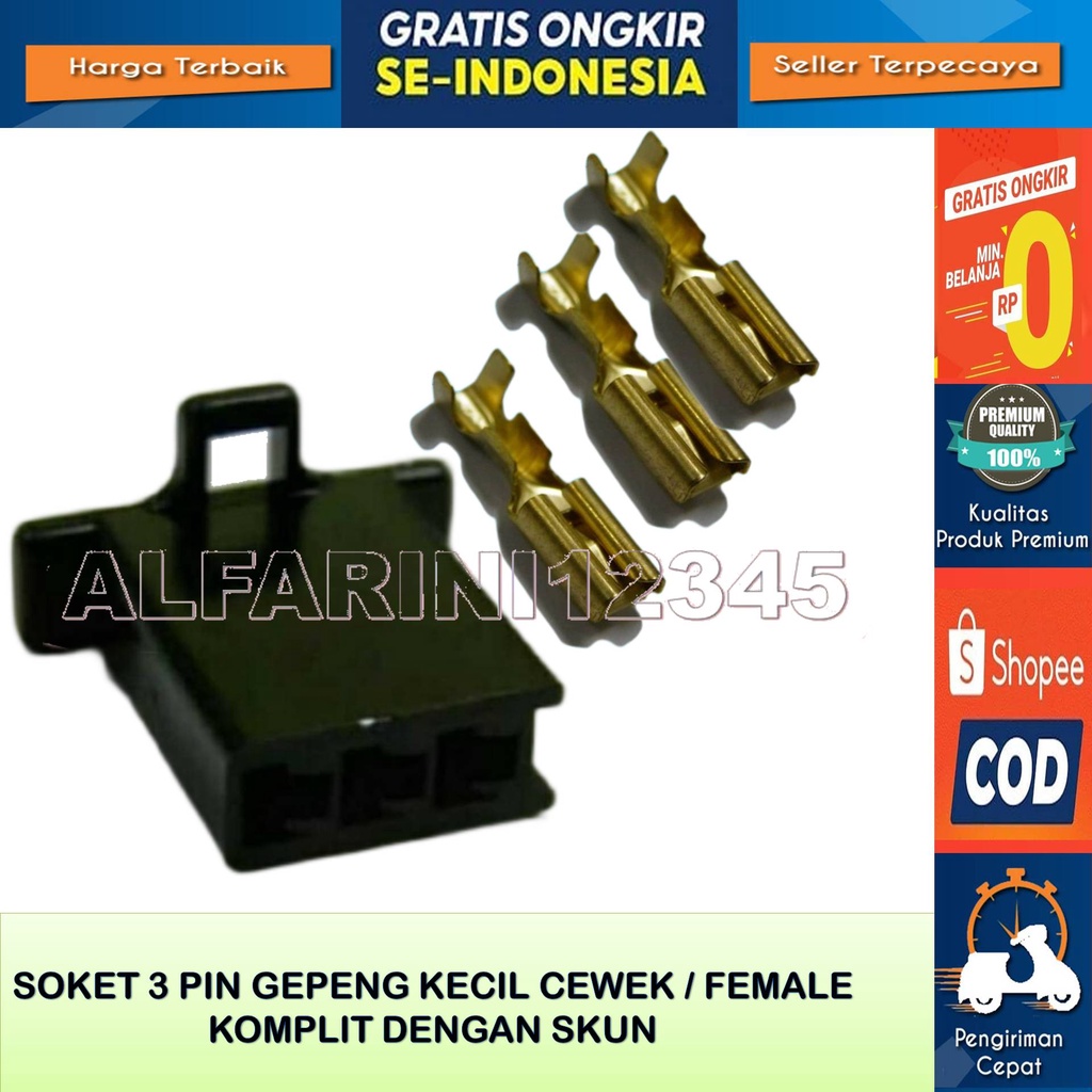 Soket Kabel Gepeng 3 Pin kecil Cewek Female Original Komplit Dengan Skun Warna Hitam Bahan Nylon Tah