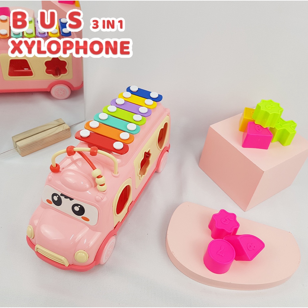 Mainan Bus Xylophone Mobil / Mainan 3in1 Musik/ Sorting Bentuk dan Alur kawat/ Mainan Anak Edukasi YE20