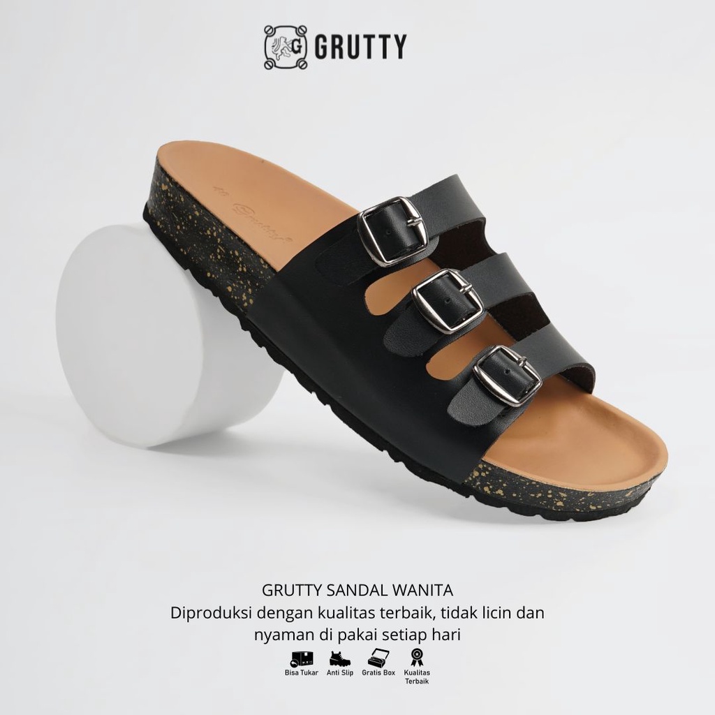 Sandal Wanita GRUTTY Flat Hitam Sendal Kekinian Super Comfy