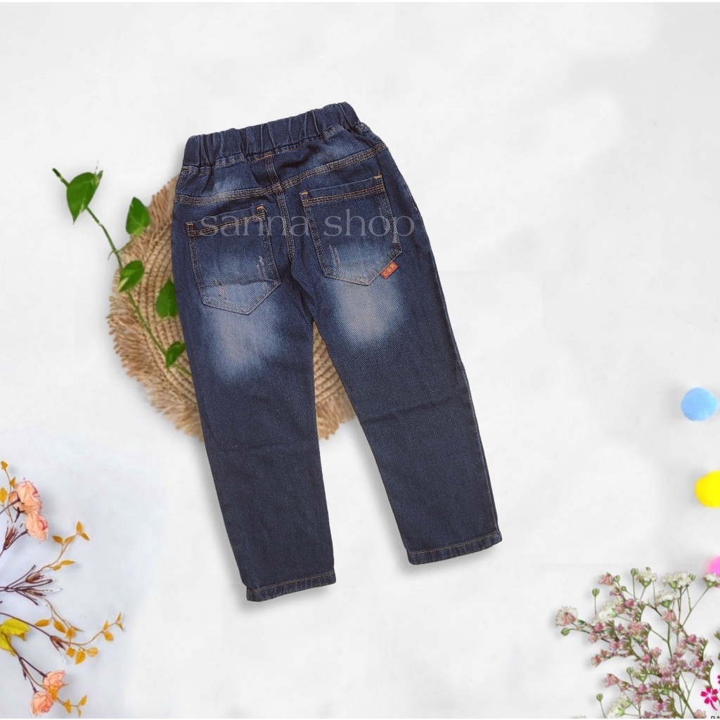 Celana jeans whisker bintang anak laki-laki warna biru muda usia 6-9 tahun , denim anak cowok