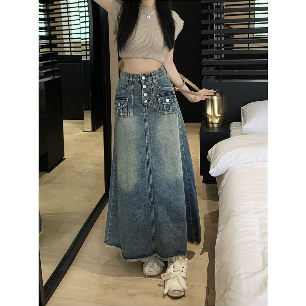 Red Rok denim tepi mentah retro Amerika wanita musim panas pinggang tinggi dicuci rok panjang rok fashion rok a-line ramping rok biru