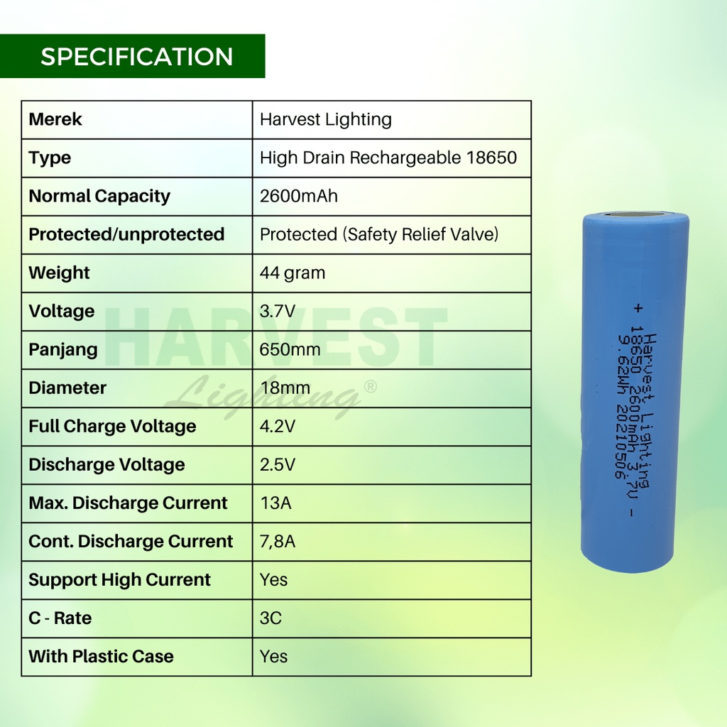 Baterai 18650  Battery Ion Lithium Harvest Lighting Real Capacity  3200 mAh 2600 mAh Rechargeable Original Batrai Serba Guna