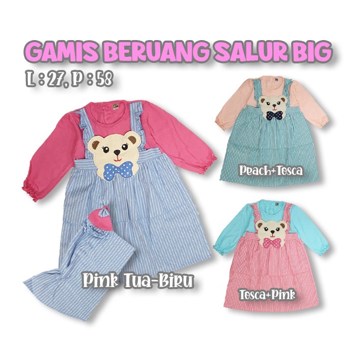 Baju Gamis Anak Gamis Bear Beruang Salur Big 1-3 Tahun - Pink-Biru S4D5 korean style cewek kondangan