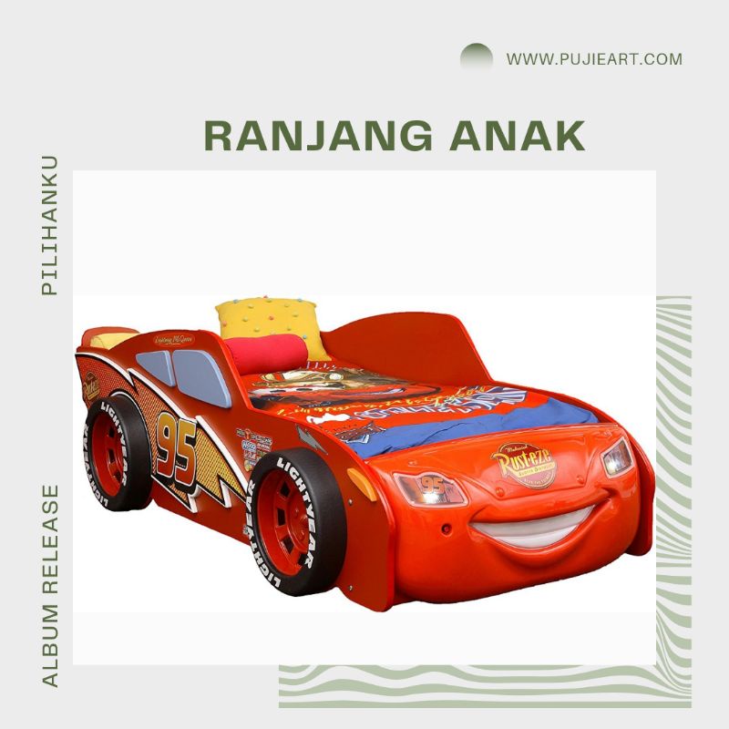 Kasur Anak 100x200 Cm Bentuk Mobil, Tempat Tidur Anak Cowok Karakter Lightning Mc Queen
