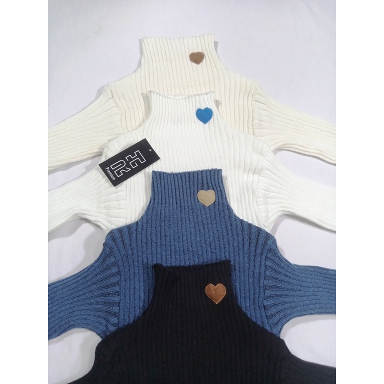RH - Baju rajut sweater turtleneck wanita salur bordiran LOVE kerah tinggi atasan lembut tebal kekinian