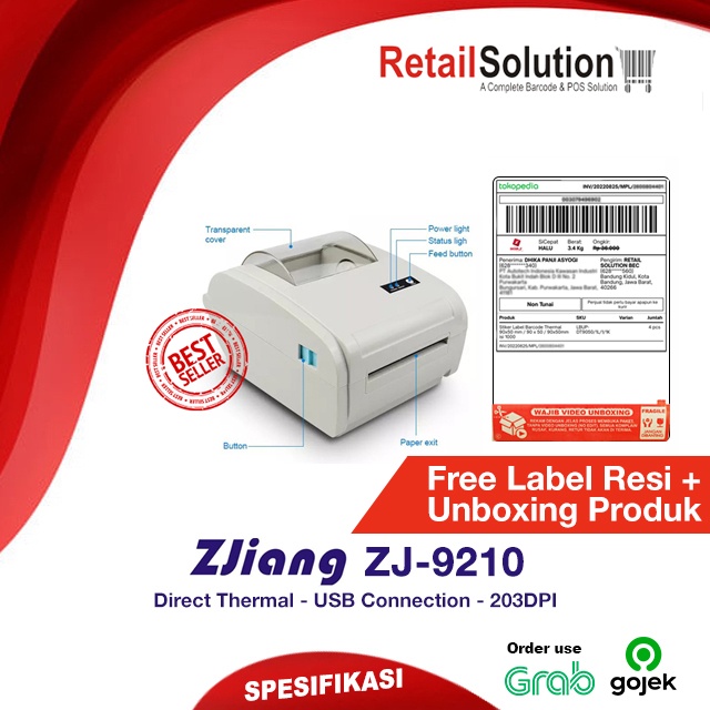 Printer Barcode Label Thermal USB - ZJIANG 9210 / ZJ9210 / ZJ-9210