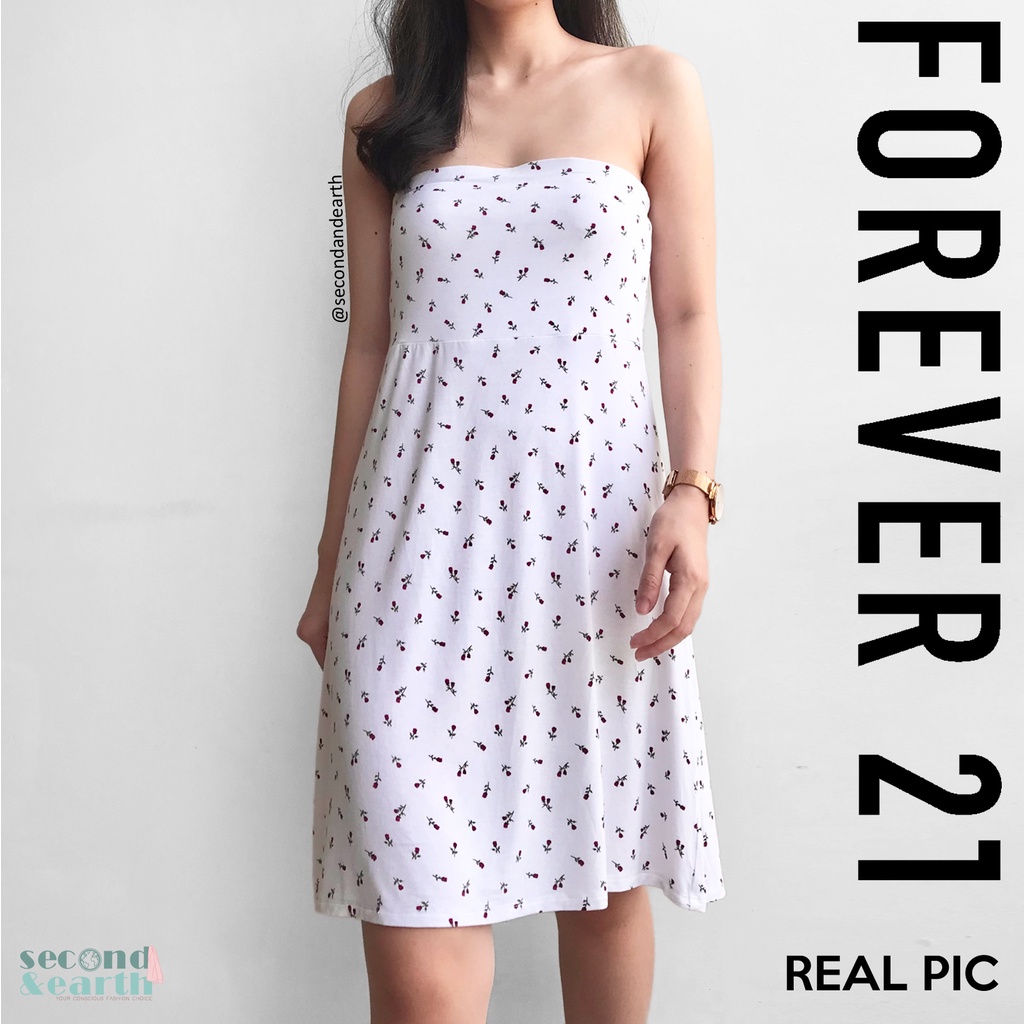 LIKE NEW Forever21 Mini Dress (S-M) Terusan Pendek Kemben A-Line Katun Kaos Putih Motif Bunga Strapl