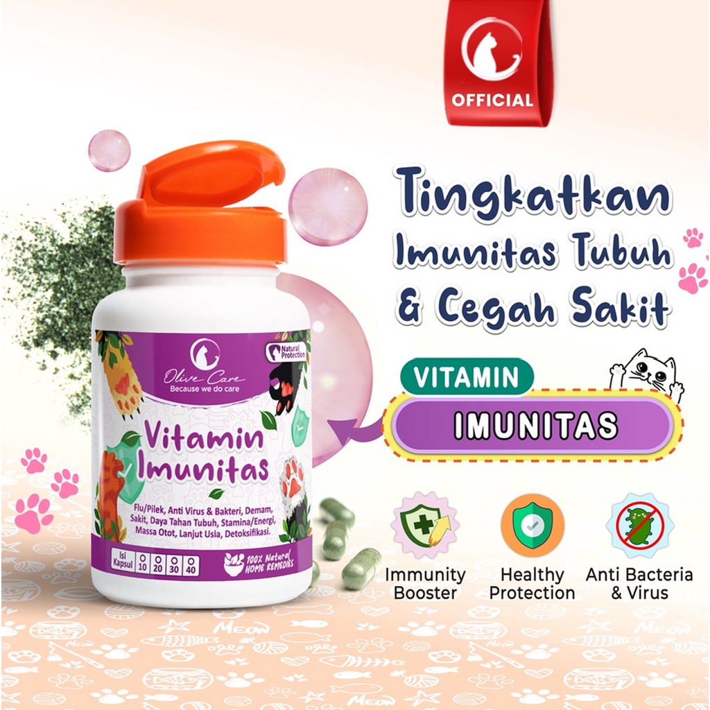 Olive Care Cat Vitamin Imunitas - Untuk Daya Tahan Tubuh, Anti Sakit, Flu, Pilek, Mata Belekan, Demam, Lemes dan Lanjut Usia