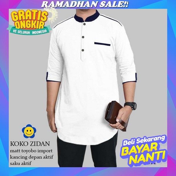 Baju Muslim Kemeja Koko Lengan Panjang Pria Dewasa Modern Hijau Sage Kurta Bahan Katun Oxford Denim 