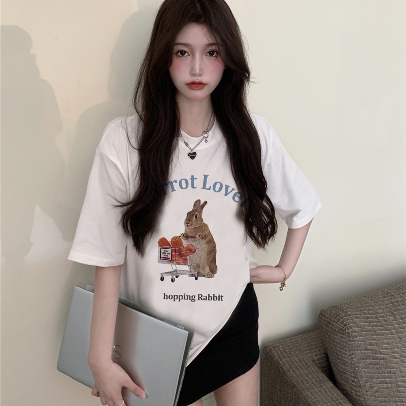 Print T-shirt Kaos Lengan Pendek Cartoon Shopping Rabit Baju Wanita Korean Style