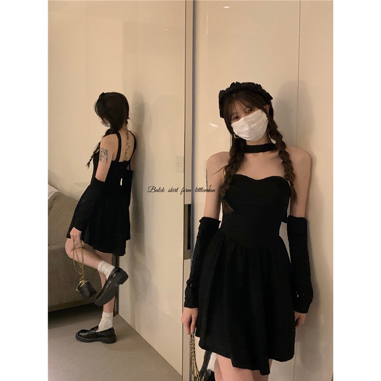 Red Keinginan Murni Angin Halter Leher Tube Top Rok Wanita Musim Panas Gadis Pinggang Lengan Lengan Gaun Seksi Slim Putih rok A-line