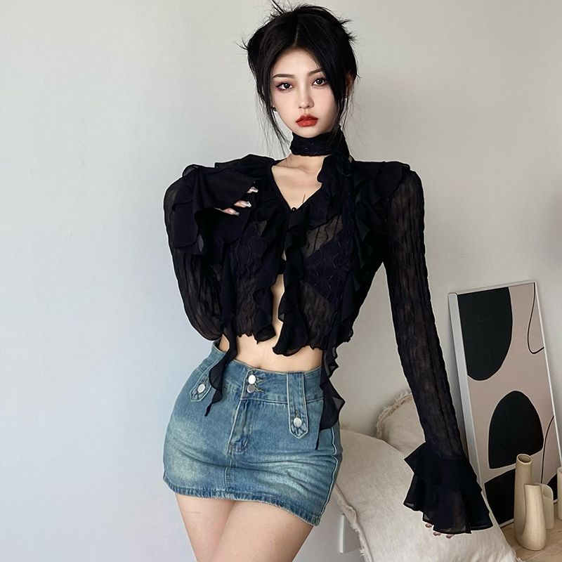 Red Adik kerajaan gaya suasana hitam ruffles jahitan V-neck lengan panjang T-shirt jantung mesin mesh perspektif slim chic top