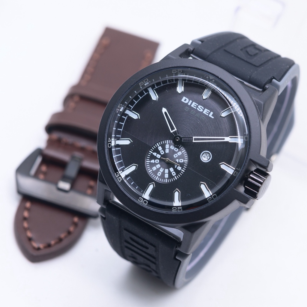 Jam Tangan Pria Diesel Tali Rubber Free Tali Kulit Body Bulat Chrono Tanggal Samping Aktif