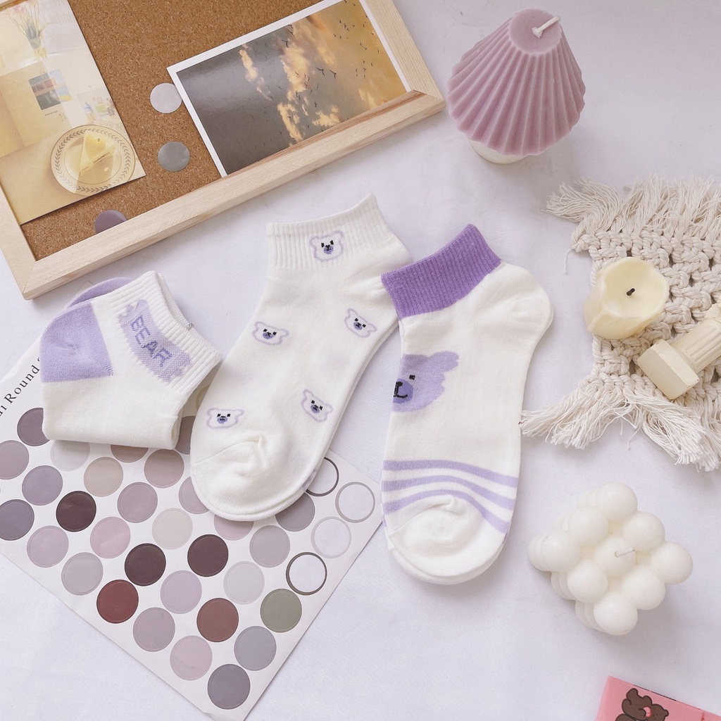 MMM Kaos Kaki Wanita Motif Beruang Ungu 6584 Kaos Kaki Pendek Fashion Korean Unisex Semata Kaki Purple Bear Socks Import Ankle Socks Korean Model Simple Cute