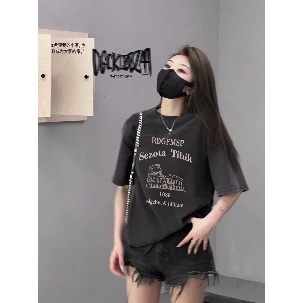 EUNII T-shirt Lengan Pendek Black Washed Retro Architecture Printing Korean Style/Kaos Atasan Wanita/Baju Wanita