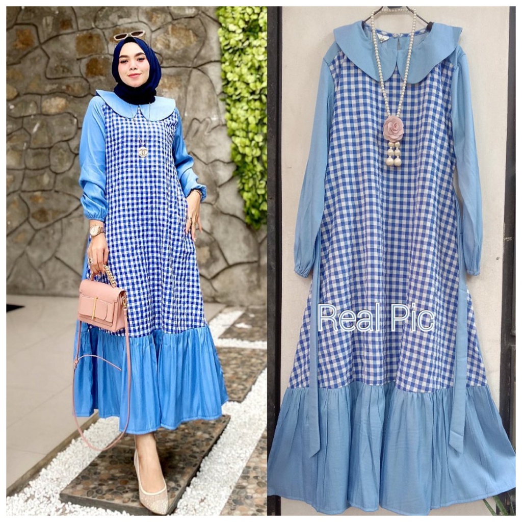 Anella midi dress muslimah katun motif kotak kotak terbaru