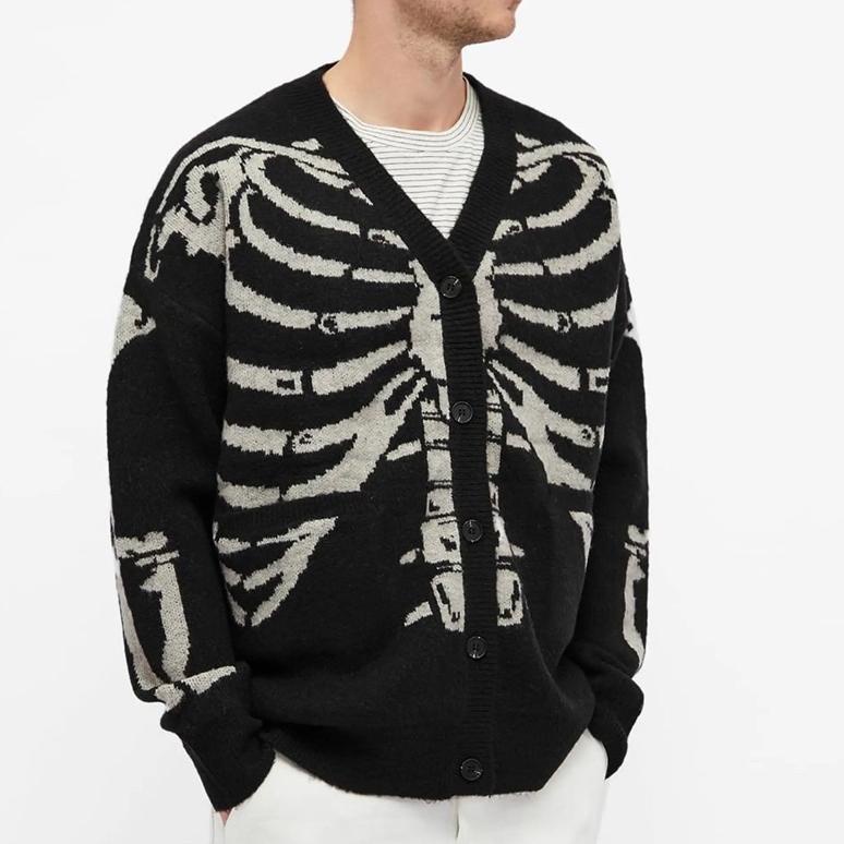 STOK TERBATAS Stiego-Skeleton Black Cardigan Sweater Streetwear Vintage Style