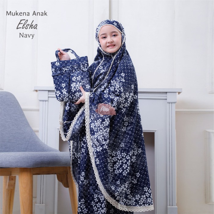 MUKENA ANAK TANGGUNG RAYON ELSA NAVY crinkle jumbo bahan katun 12 tahun Rayon Bali Model Terusan B5Z