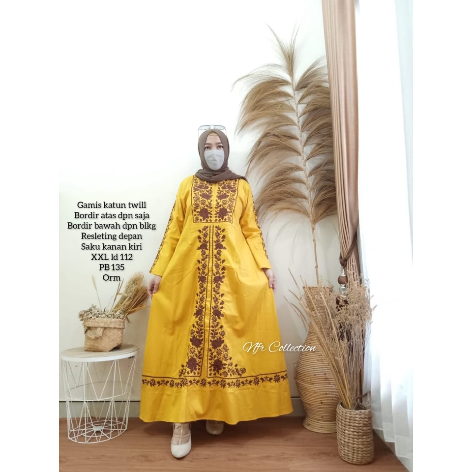 gamis katun tuil bordir ori lidya XXL ld 112 kuning busui