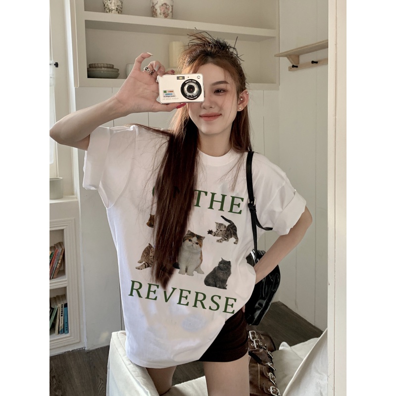 EUNII T-shirt Lengan Pendek Cartoon Cat Family Korean Style/Kaos Atasan Wanita/Baju Kaus Oversize Wanita/Kaos Wanita