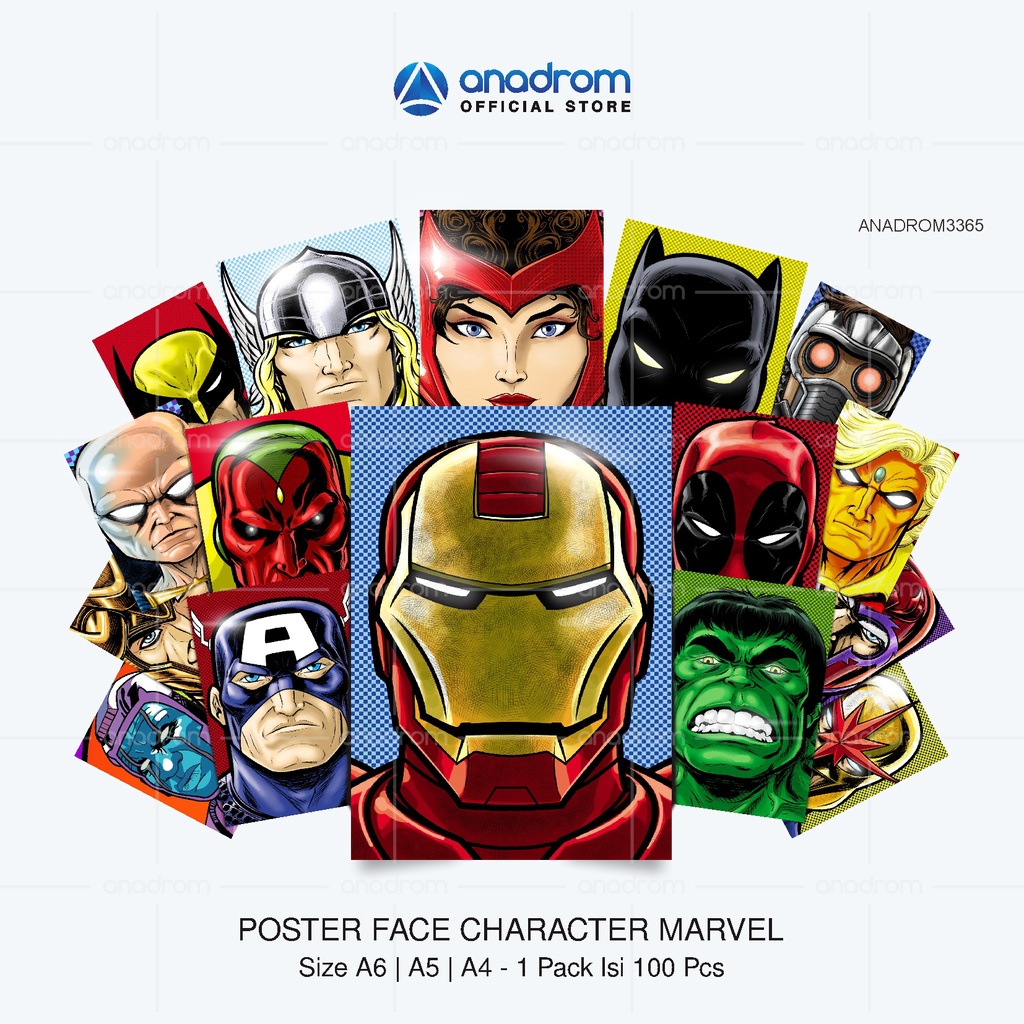 

Poster Face Marvel Character | Poster Wajah Marvel Supergero |Size A6 - A5 - A4 1 Pack Isi 40 Pcs | Anadrom 3365