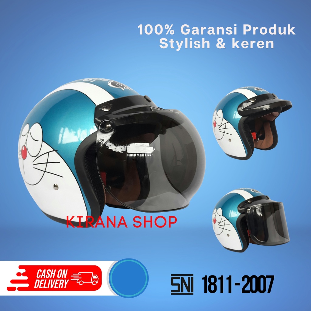 Helm Bogo Dewasa | Helm Bogo Full Cat Motif Doraemon Warna Biru