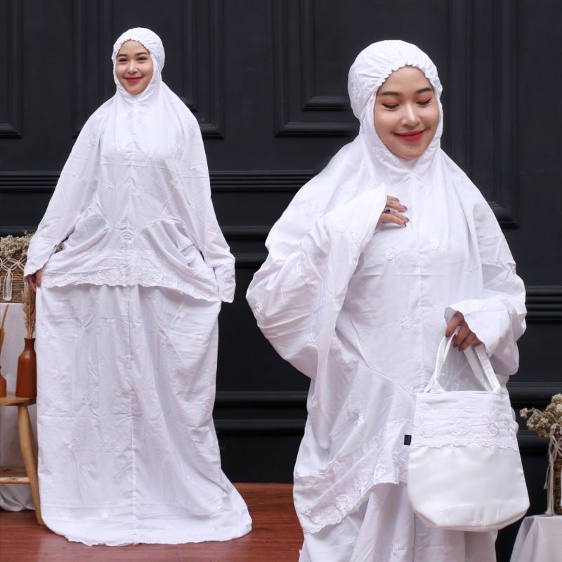 [MUKENA LAJURAN] Mukena Lajuran Putih / Mukena Terusan Dewasa / Mukena Bahan Polino / Mukena Bordir 