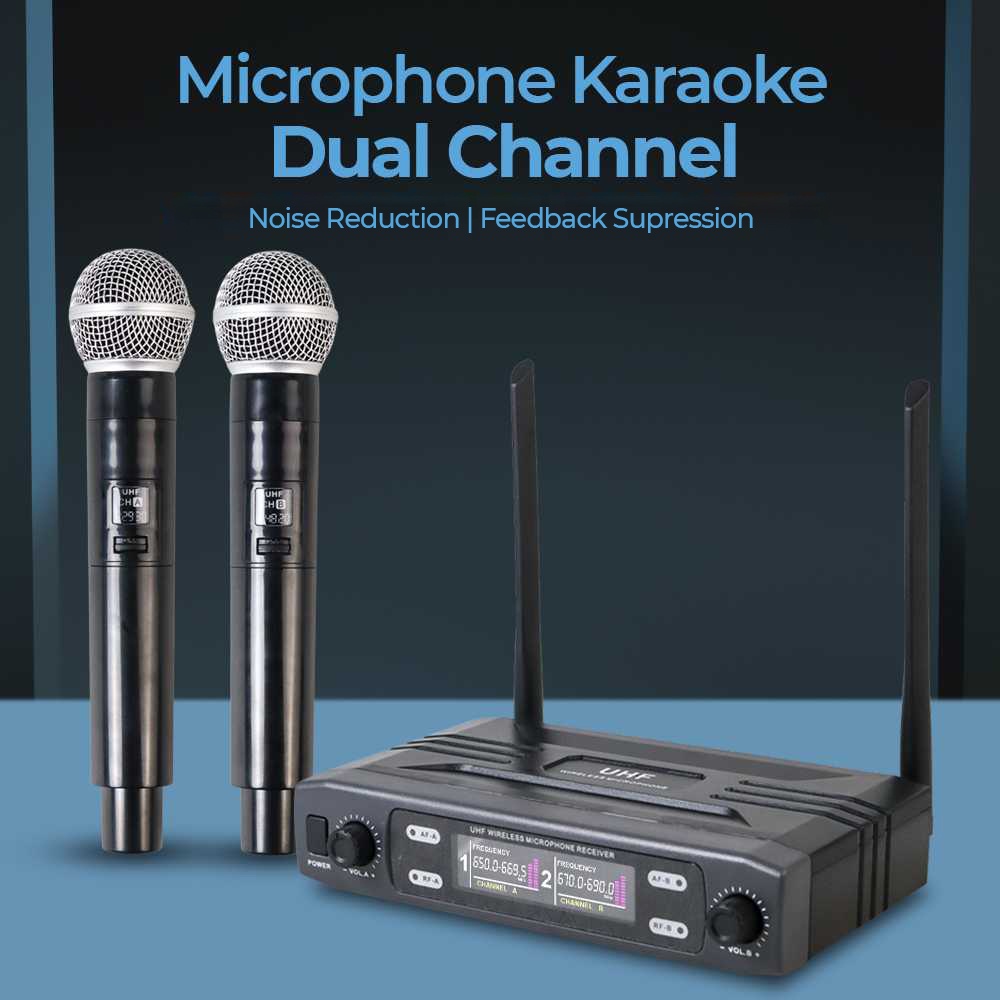 Microphone Karaoke Dual Channel Handheld Wireless UHF - AO460 - Black