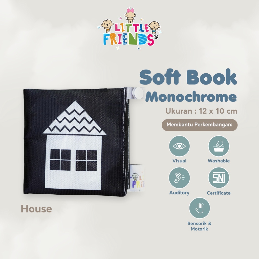 Soft Book Monochrome/ Mainan Edukasi/ Mainan Gambar/ Bahan Kain Karakter House Little Friends
