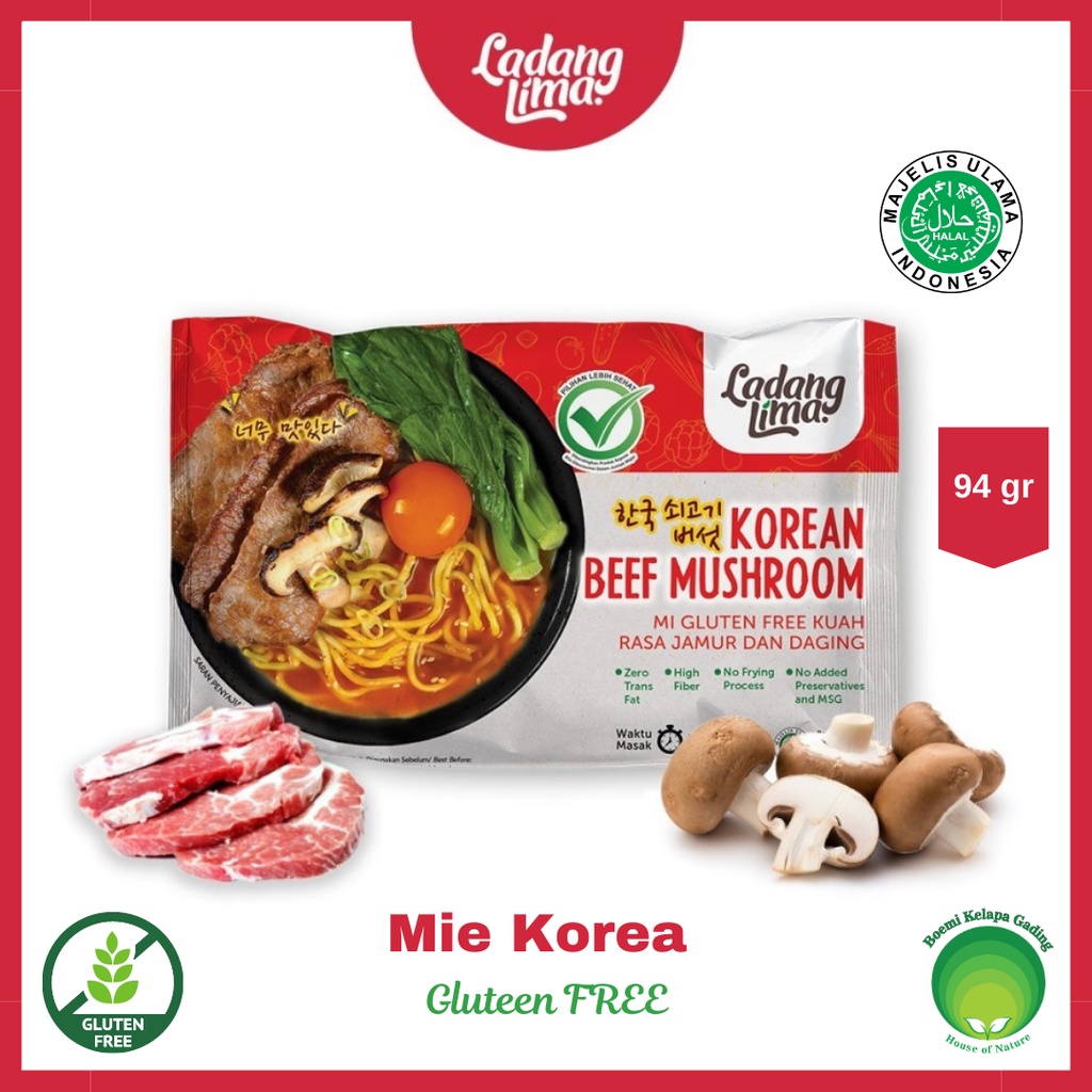 

Ladang Lima Mie Korea Rasa Jamur dan Daging Gluten Free Korean Noodle With Beef and Mushroom HALAL 94 gram