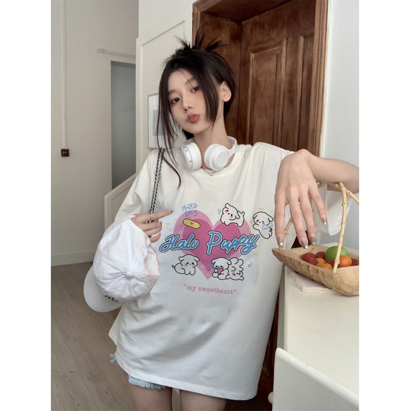 EUNII T-shirt Lengan Pendek Cartoon Pink Heart Dog Korean Style/Kaos Atasan Wanita/Baju Kaus Oversize Wanita/Kaos Wanita