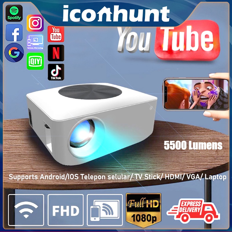 ⭐Newest⭐Proyektor 5500 Lumens 1080p WIFI Phone Home Theater Proyektor Compatible With TV Stick/HDMI/VGA/Laptop Bisa COD