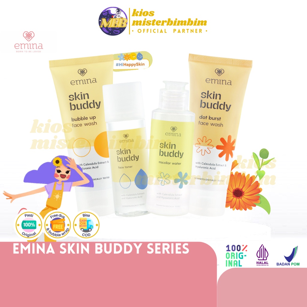 Emina Skin Buddy Series Face Wash Toner Micellar Water / Perawatan Wajah Kering Calendula Extract Hyaluronic Acid 50ML 100ML