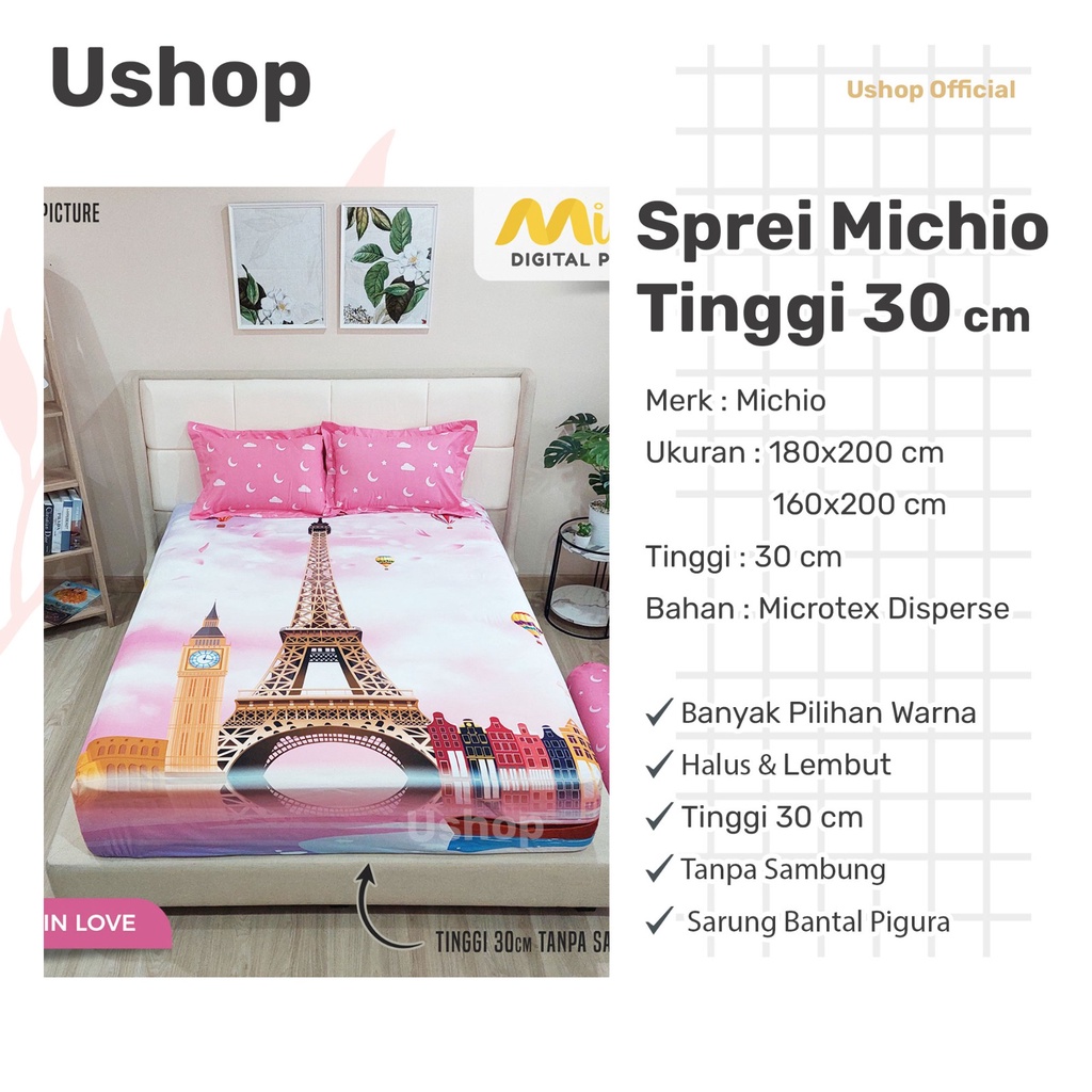 MICHIO SPREI KARAKTER 180X200 / 160X200 TINGGI 30 CM - SPIDERMAN BT21 FROZEN MUSICAL ADVENTURE