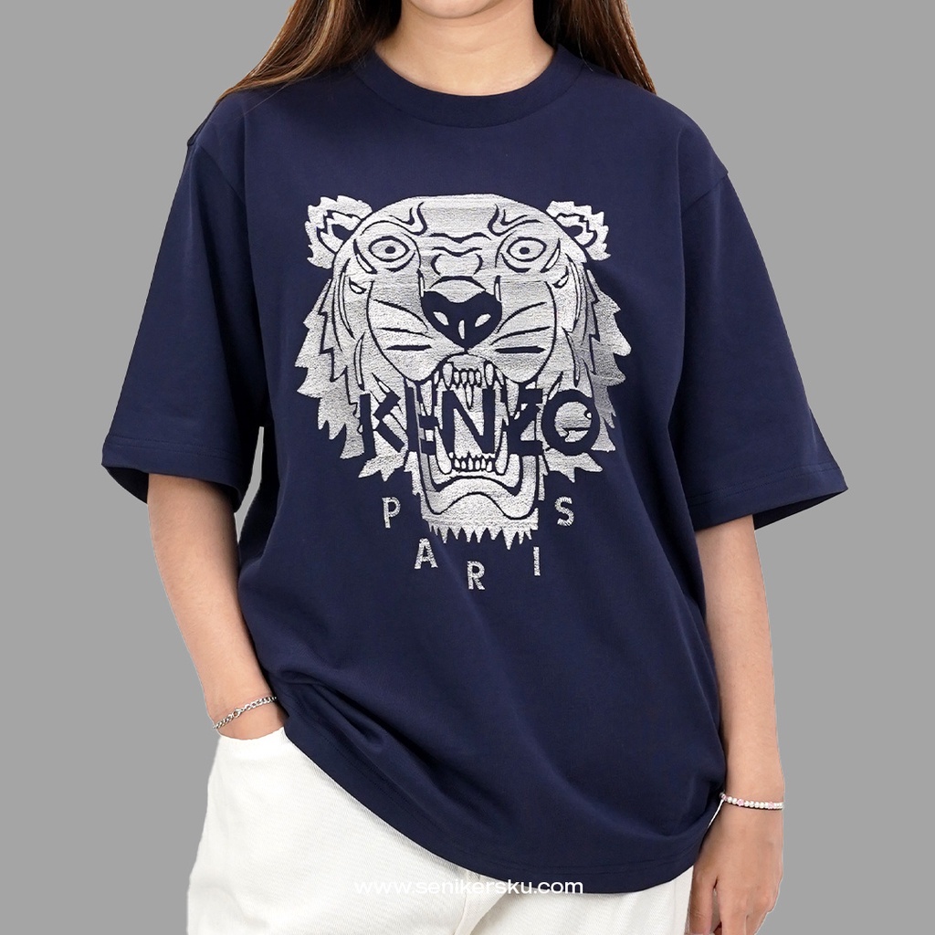 Kenzo Tiger Embroidered Silver Navy Tee