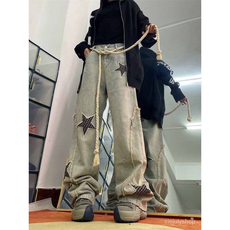 [✅BISA COD] #Sisjuly# Y2K Celana Jeans Wanita /Bordir Bintang Jeans Pinggang Tinggi Celana Kaki Lebar