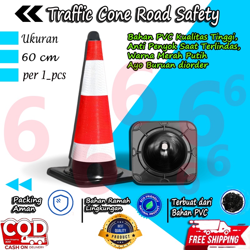 TRAFFIC CONE RUBBER 60 CM KERUCUT LALU LINTAS PEMBATAS JALAN SAFETY RUBBER HITAM COD