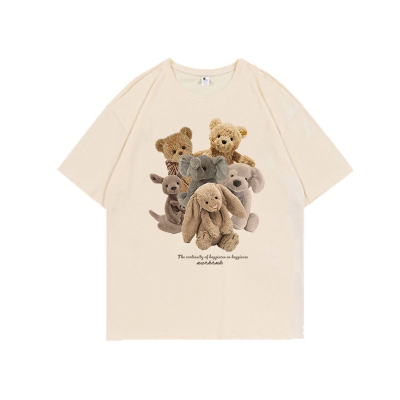 100% Katun Graphic Tee Kaos Couple Baju Wanita Atasan Wanita Oversize Kaos Cute Bear Putih T-shirt Couple Korean Style/baju kaos