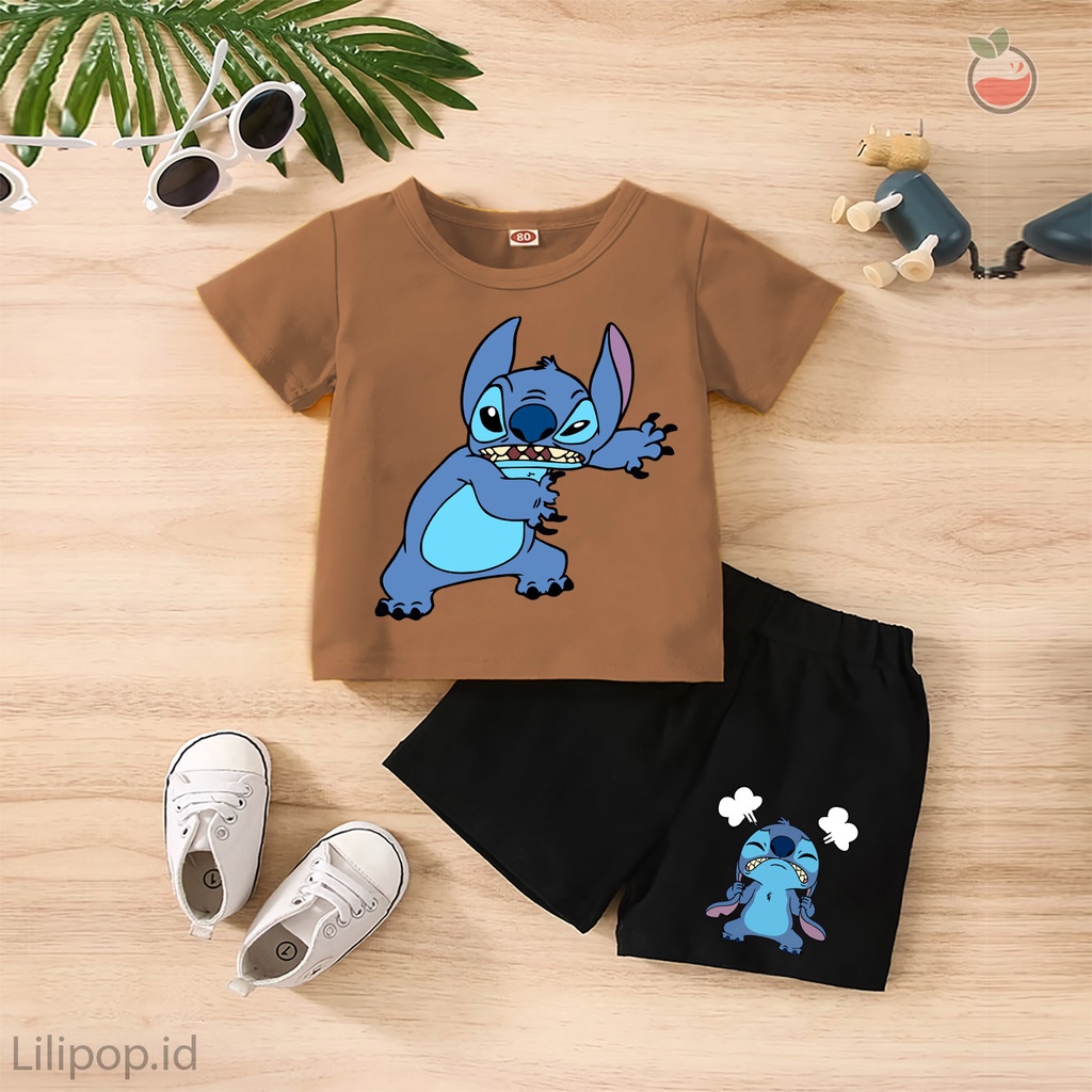 Baju Anak Stelan Kaos 3/4  LILO STITCH Cowok Cewek  Usia 1 - 4 Tahun Celana Pendek Harian