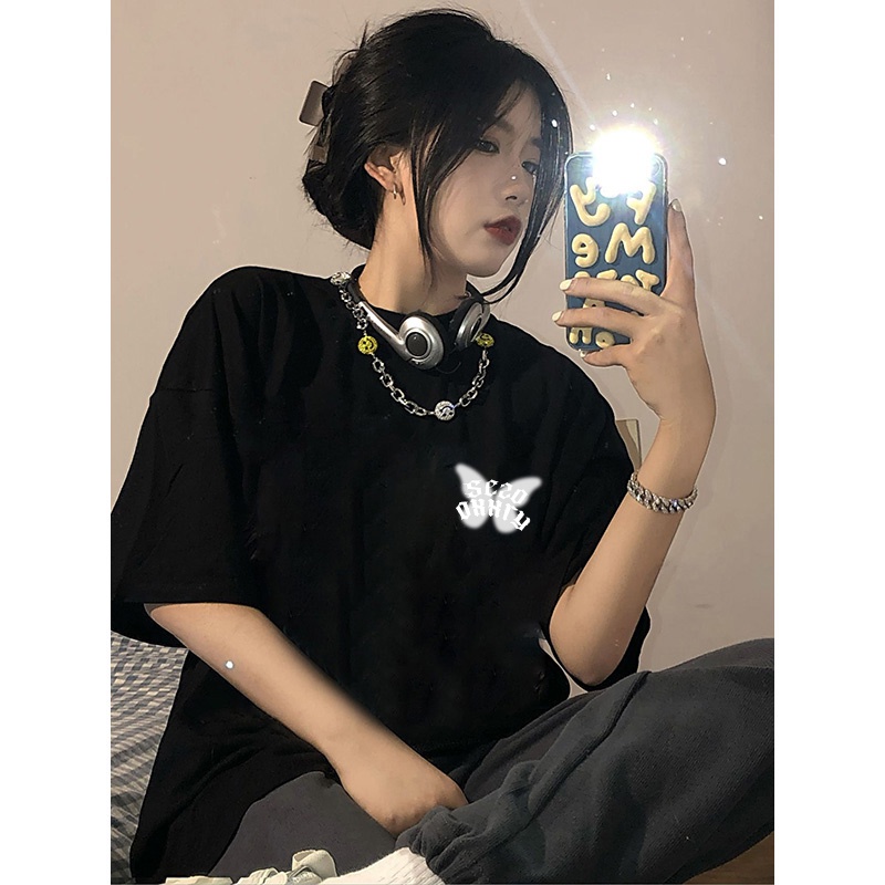 american retro butterfly print T-shirt import lengan pendek oversize kaos hitam ootd