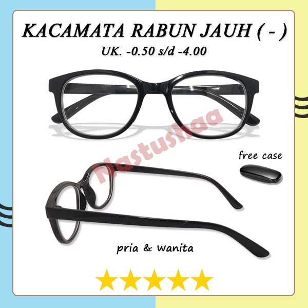 Kacamata Lensa Minus(-) Uk. -0.50 s.d -4.00 Bingkai Oval Warna Hitam Pria/Wanita Style Kacamata Rabun Jauh, Murah Cowok &amp; Cewek FREECASE