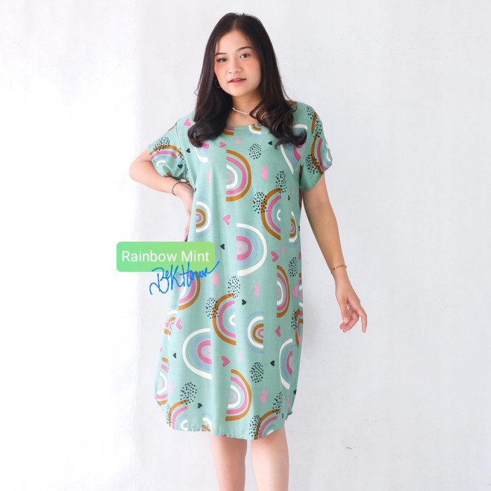 daster jumbo Home Dress Santai Daster Baju Rumah Non Busui Tanpa Kancing Sleting Rainbow Mint A1N3 m