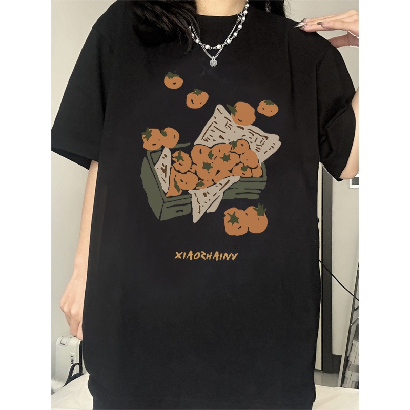 kaos hitam oversize wanita lengan pendek kekinian orange graphic print kaos basic ootd