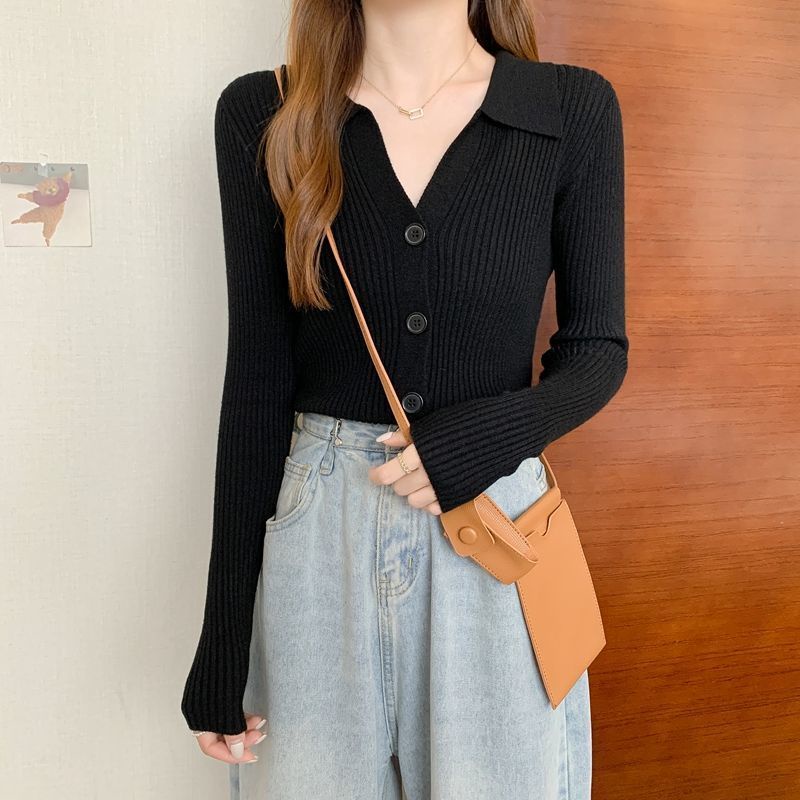 Atasan Rajut Wanit Polos Knit Top V Neck Casual Sweater Crop Lengan Panjang