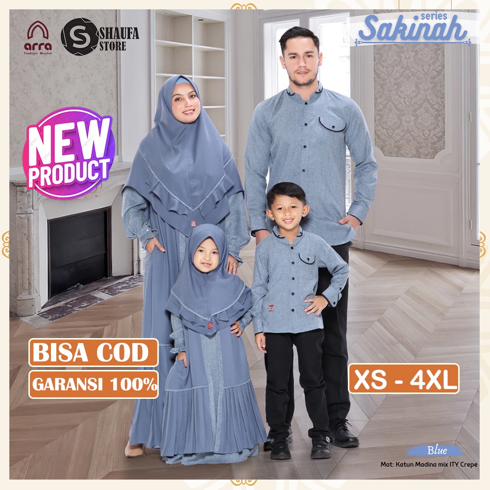 Sarimbit Keluarga 2023 Lebaran Arra Sakinah Blue Gamis Couple Ibu Anak Koko Couple Ayah dan Anak Baj
